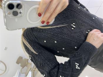 İnci ve Taş Detaylı Antrasit Gri Triko Kazak