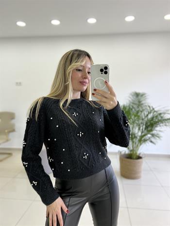 İnci ve Taş Detaylı Antrasit Gri Triko Kazak