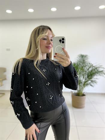 İnci ve Taş Detaylı Antrasit Gri Triko Kazak