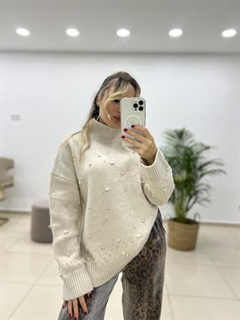 İncili Yarım Balıkçı Triko Kazak