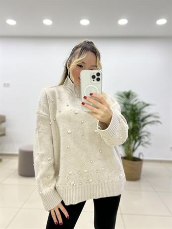 İncili Yarım Balıkçı Triko Kazak