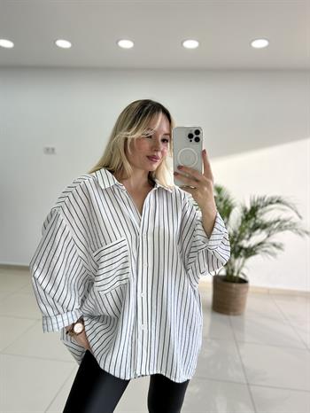 İpek Dokuda Krinkıl Çizgili Beyaz Gömlek