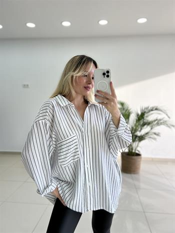 İpek Dokuda Krinkıl Çizgili Beyaz Gömlek