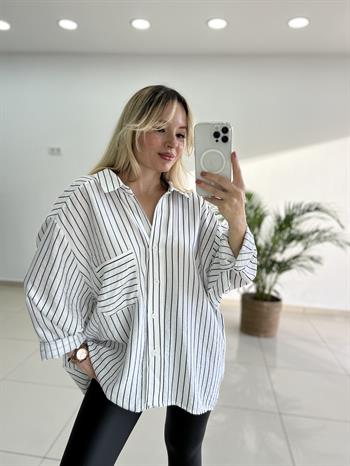 İpek Dokuda Krinkıl Çizgili Beyaz Gömlek