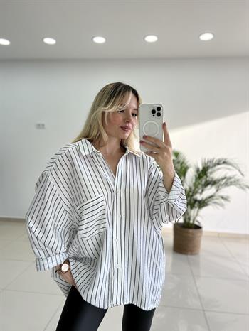 İpek Dokuda Krinkıl Çizgili Beyaz Gömlek