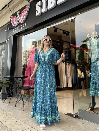 İpek Saten Mavi Yeşil Desenli Elbise 