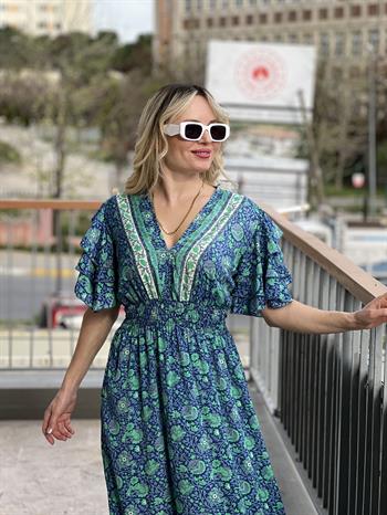 İpek Saten Mavi Yeşil Desenli Elbise 