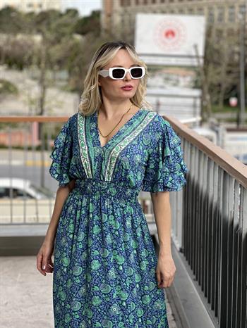 İpek Saten Mavi Yeşil Desenli Elbise 