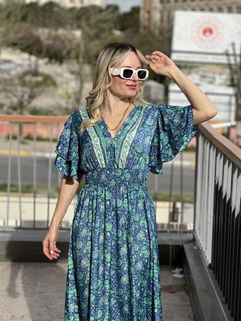 İpek Saten Mavi Yeşil Desenli Elbise 