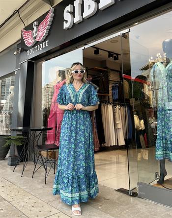 İpek Saten Mavi Yeşil Desenli Elbise 