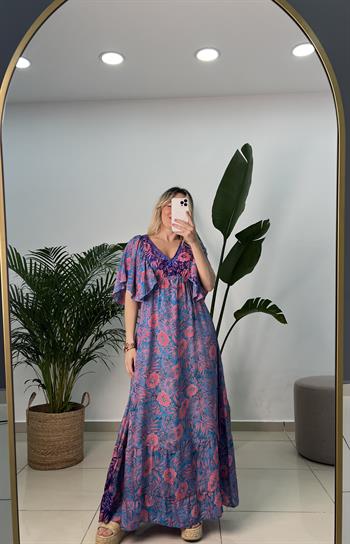 İpek Saten Pembe Mavi Desenli Elbise 