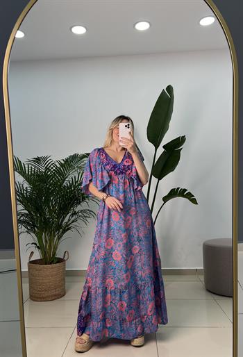 İpek Saten Pembe Mavi Desenli Elbise 