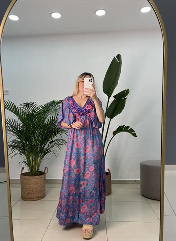 İpek Saten Pembe Mavi Desenli Elbise 