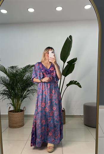 İpek Saten Pembe Mavi Desenli Elbise 