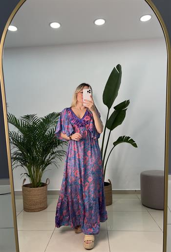 İpek Saten Pembe Mavi Desenli Elbise 