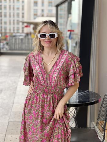 İpek Saten Pembe Yeşil Desenli Elbise 