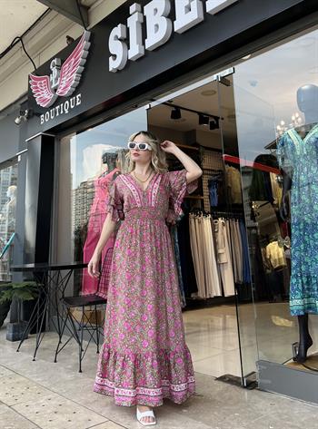 İpek Saten Pembe Yeşil Desenli Elbise 