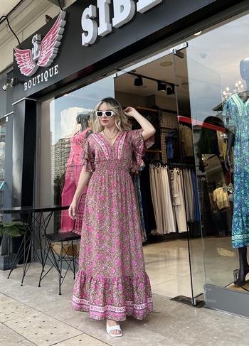 İpek Saten Pembe Yeşil Desenli Elbise 