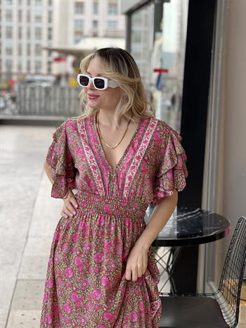 İpek Saten Pembe Yeşil Desenli Elbise 