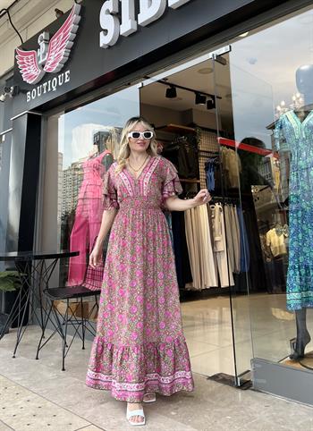 İpek Saten Pembe Yeşil Desenli Elbise 