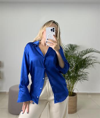 İpek Saten Sax Mavi Gömlek