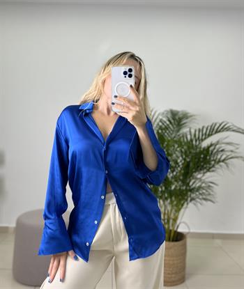 İpek Saten Sax Mavi Gömlek