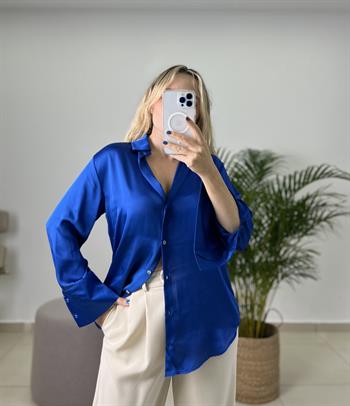 İpek Saten Sax Mavi Gömlek