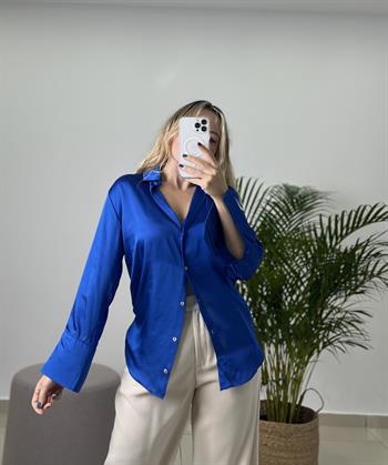 İpek Saten Sax Mavi Gömlek