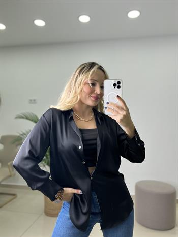 İpek Saten Siyah Gömlek