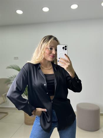 İpek Saten Siyah Gömlek