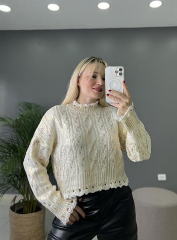 İri Saç Örgü Desenli Gold Işıltı Detaylı Triko Kazak