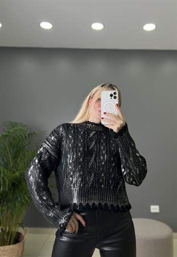 İri Saç  Örgü Desenli Siyah Gümüş Işıltı Detaylı Triko Bluz