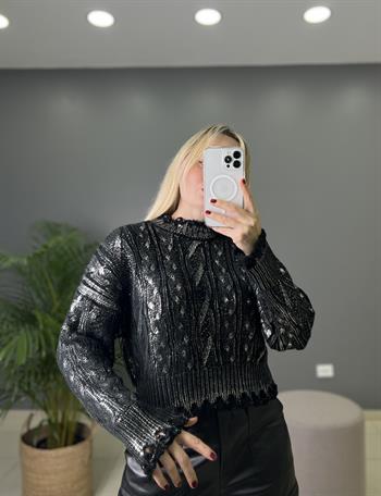İri Saç  Örgü Desenli Siyah Gümüş Işıltı Detaylı Triko Bluz