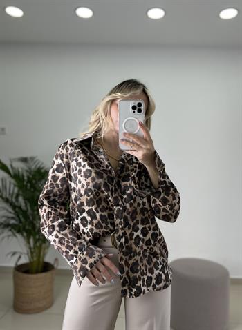 Işıltılı Kumaş Leopar Desenli Gömlek