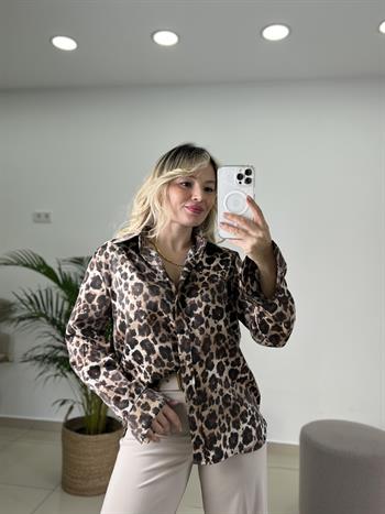Işıltılı Kumaş Leopar Desenli Gömlek