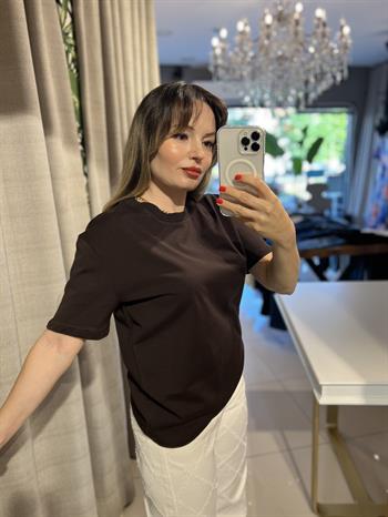 Kahverengi Bisiklet Yaka Cotton Pamuk Tişört