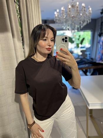Kahverengi Bisiklet Yaka Cotton Pamuk Tişört
