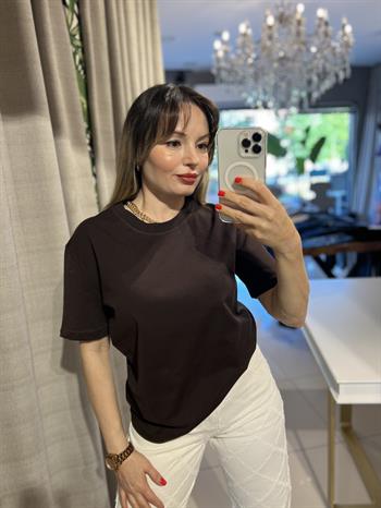 Kahverengi Bisiklet Yaka Cotton Pamuk Tişört