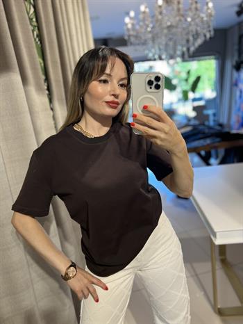 Kahverengi Bisiklet Yaka Cotton Pamuk Tişört
