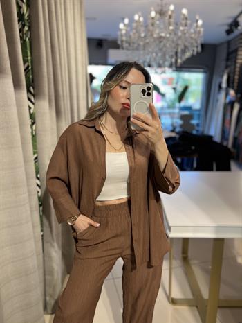 Kahverengi Mevsimlik Salaş Gömlek-Pantolon Takım