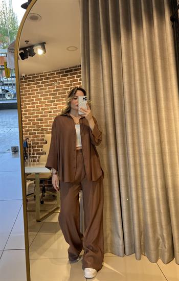 Kahverengi Mevsimlik Salaş Gömlek-Pantolon Takım