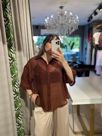 Kahverengi Oversize İpeksi Gömlek