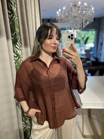 Kahverengi Oversize İpeksi Gömlek