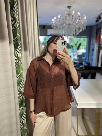 Kahverengi Oversize İpeksi Gömlek