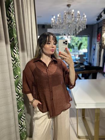 Kahverengi Oversize İpeksi Gömlek