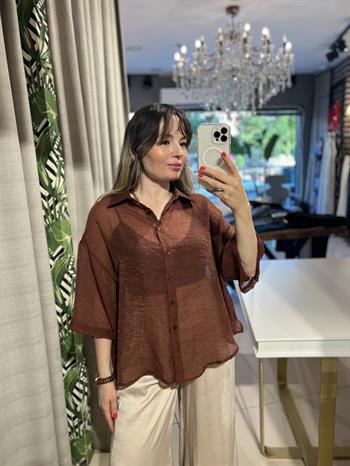 Kahverengi Oversize İpeksi Gömlek