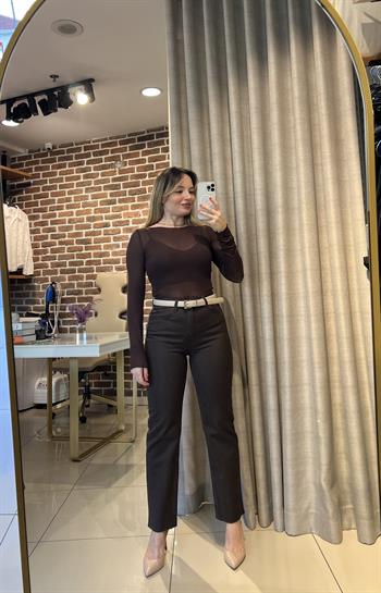 Kahverengi Yüksel Bel Jean Pantolon