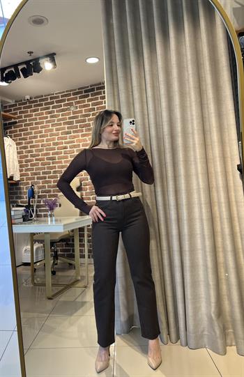 Kahverengi Yüksel Bel Jean Pantolon