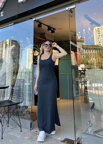 Kalın Askılı U Yaka Maxi Antrasit Elbise