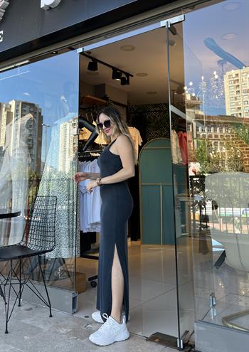 Kalın Askılı U Yaka Maxi Antrasit Elbise